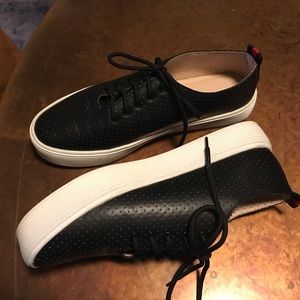 Black faux leather, thick white sole sport shoes
